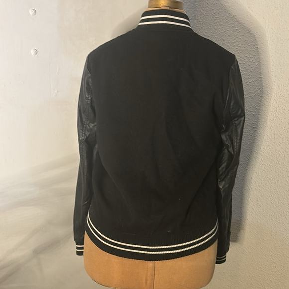 Forever 21 Faux Leather Black/White Moto Varsity Bomber Jacket S Thriller Biker - Picture 2 of 14